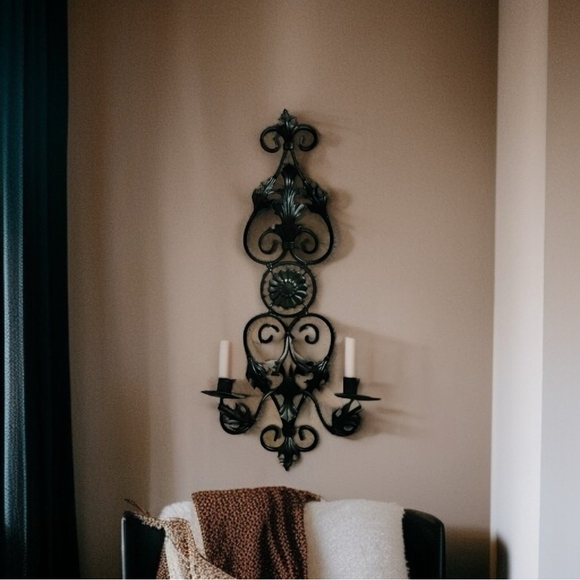 Elegant Black Metal Wall Sconce Scroll Pillar Candles Holder Wall Hanging Decor - Picture 1 of 5